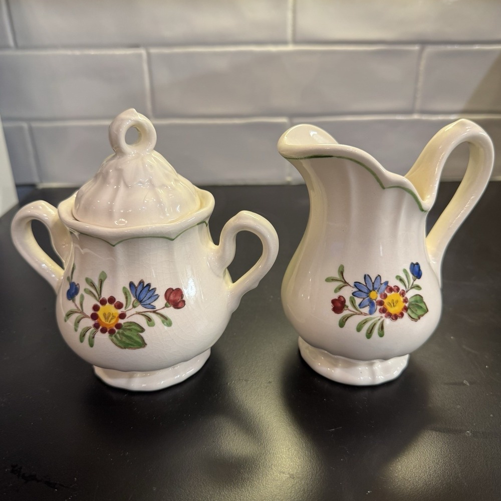Metlox Poppytrail Vernon Quail Ridge creamer & sugar with lid 1970s California